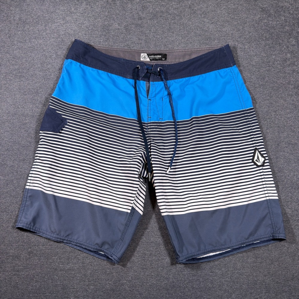 Y2K Volcom Board Shorts Men 32 Blue Striped Mod-Tech Swim Trunks Surf Beach